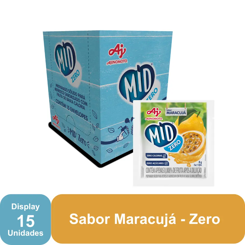 MID MARACUJÁ ZERO AÇÚCAR - REFRESCO EM PÓ 8G X 15UN (CX 8 DISPLAYS)