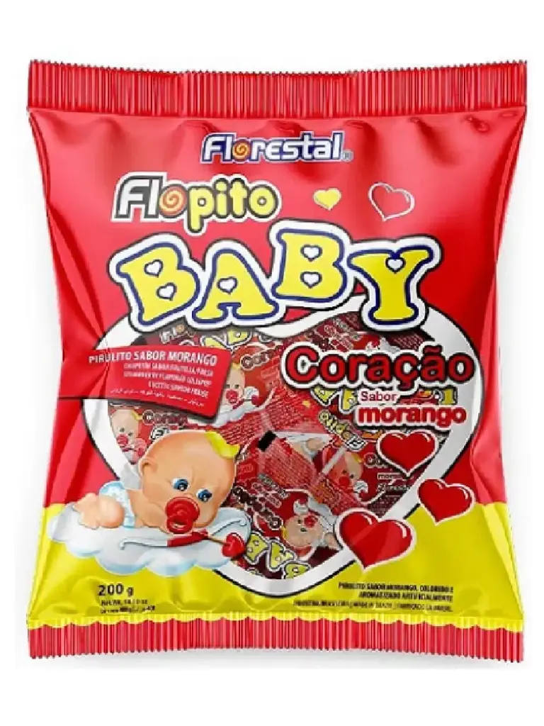 PIRULITO FLOPITO BABY CORAÇÃO FLORESTAL MORANGO 50UN